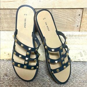 Via Rosa size 9/10 Black with Gold Studs Jelly Sandals with Gold Outline Trim